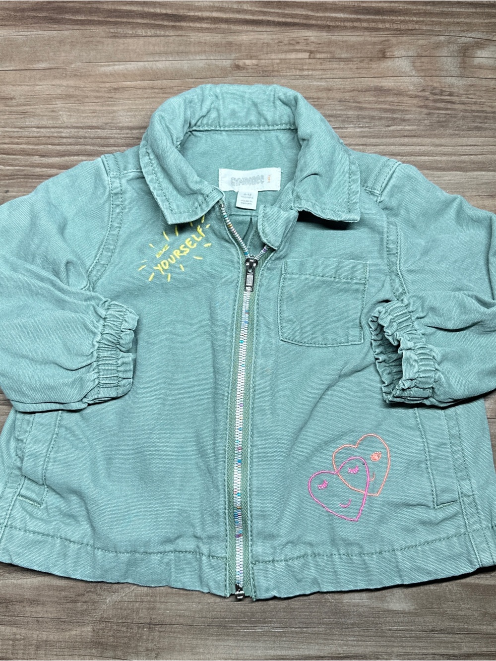 Vtg Gymboree Forest Green Denim Jean Girl 6M Zip Jacket with Heart Embroidery